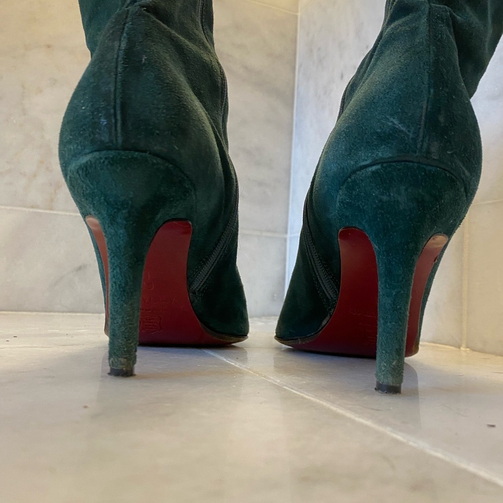 RED Bottom Dark Green Suede Heeled Boots
